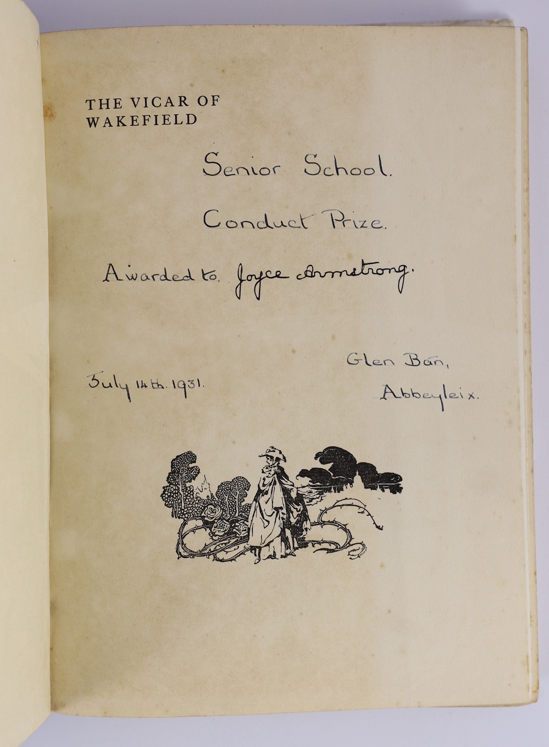 Goldsmith, Oliver - The Vicar of Wakefield, illustrated with 12 colour plates by Arthur Rackham, 4to, original cloth in d/j torn and with loss, school prize presentation inscription to half title, George G. Harrap & Co.,